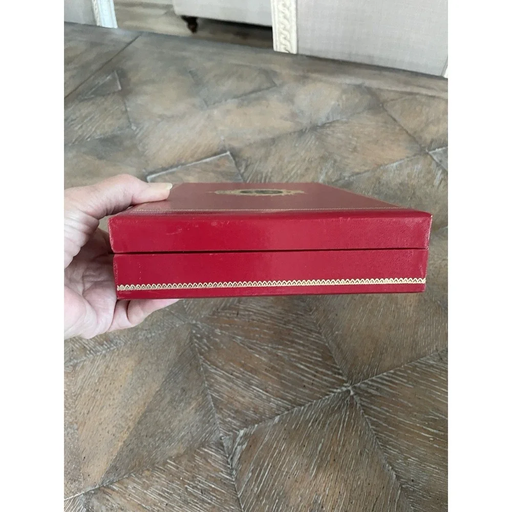 Vtg Red Leather Swank Men's Valet Cufflink Jewelry Box Sweden Fleur de Lis Crest